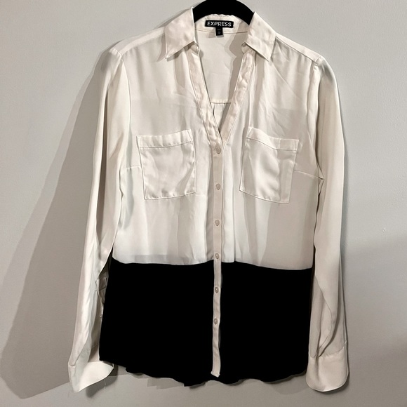 Express Black and White Color Block Convertible Sleeve Portofino Shirt - Picture 2 of 3